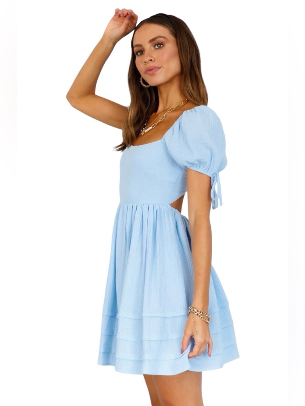 Hello Molly Light Blue Textured Tiered Mini Dress Open Cutout Back Size 8